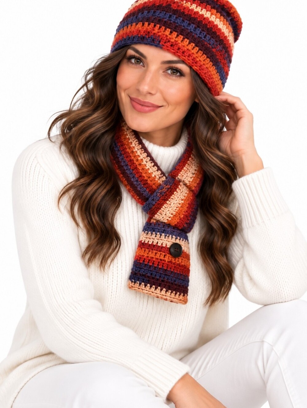 Vintage Handmade Crochet Beanie & Scarf Set Multicolor Striped Winter Set